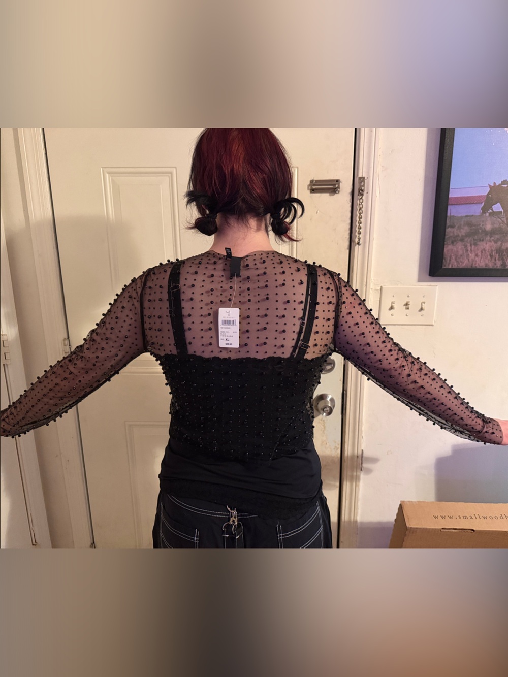 Sheer Black Beaded Mesh Long Sleeve Top